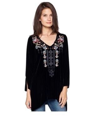 Johnny Was Elise Black Velvet XXL Tunic Top Floral Embroidered Boho V Neck